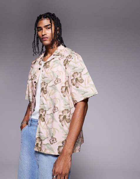 Hugo Blue relaxed fit printed short sleeve shirt in pink - view 1