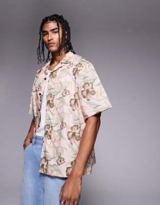 [Hugo Blue] Hugo Blue relaxed fit printed short sleeve shirt in pink M Light/pastel pink