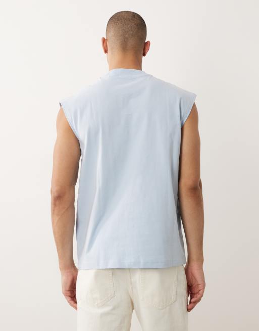 HUGO Blue - Ærmeløs lyseblå bomulds-T-shirt med logodetalje, 5 af 5