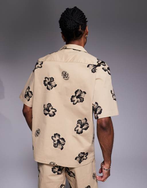 HUGO Blue - Ruimvallend overhemd met bloemenprint in bruin, deel van co-ord set, 3 van 4