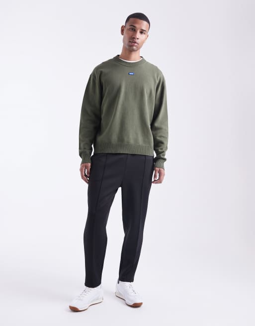 HUGO BLUE San Casey central logo relaxed fit knit jumper in dark green, 2 of 5