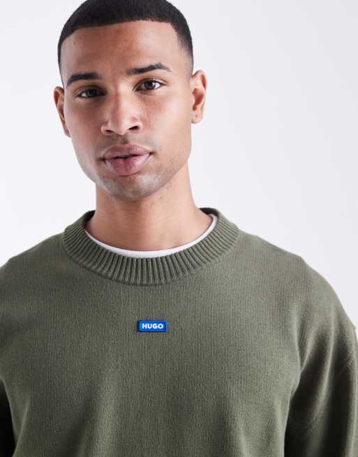 HUGO BLUE San Casey central logo relaxed fit knit jumper in dark green, 5 of 5