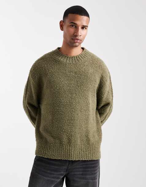 Hugo Blue Sanou central logo relaxed fit boucle knit jumper in mid green - view 1