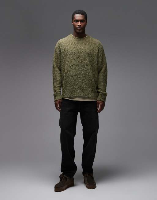 Hugo Blue Sanou central logo relaxed fit boucle knit jumper in mid green, 2 of 5