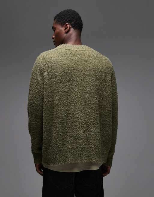 Hugo Blue Sanou central logo relaxed fit boucle knit jumper in mid green, 3 of 5