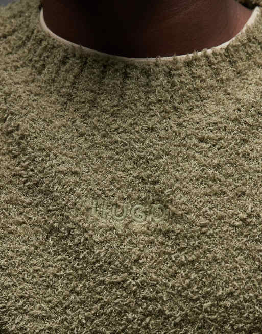 Hugo Blue Sanou central logo relaxed fit boucle knit jumper in mid green, 5 of 5