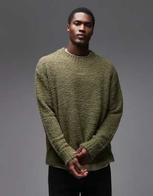 HUGO Blue Sanou central logo relaxed fit boucle knit sweater in