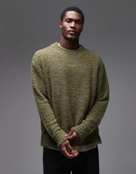HUGO Blue Sanou central logo relaxed fit boucle knit sweater in mid green - view 1