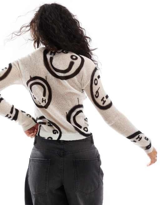 HUGO Blue satta knitted jumper in white with all over logo print, 3 of 4
