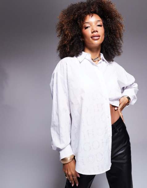 HUGO Blue semi sheer logo all over print shirt in white - view 1
