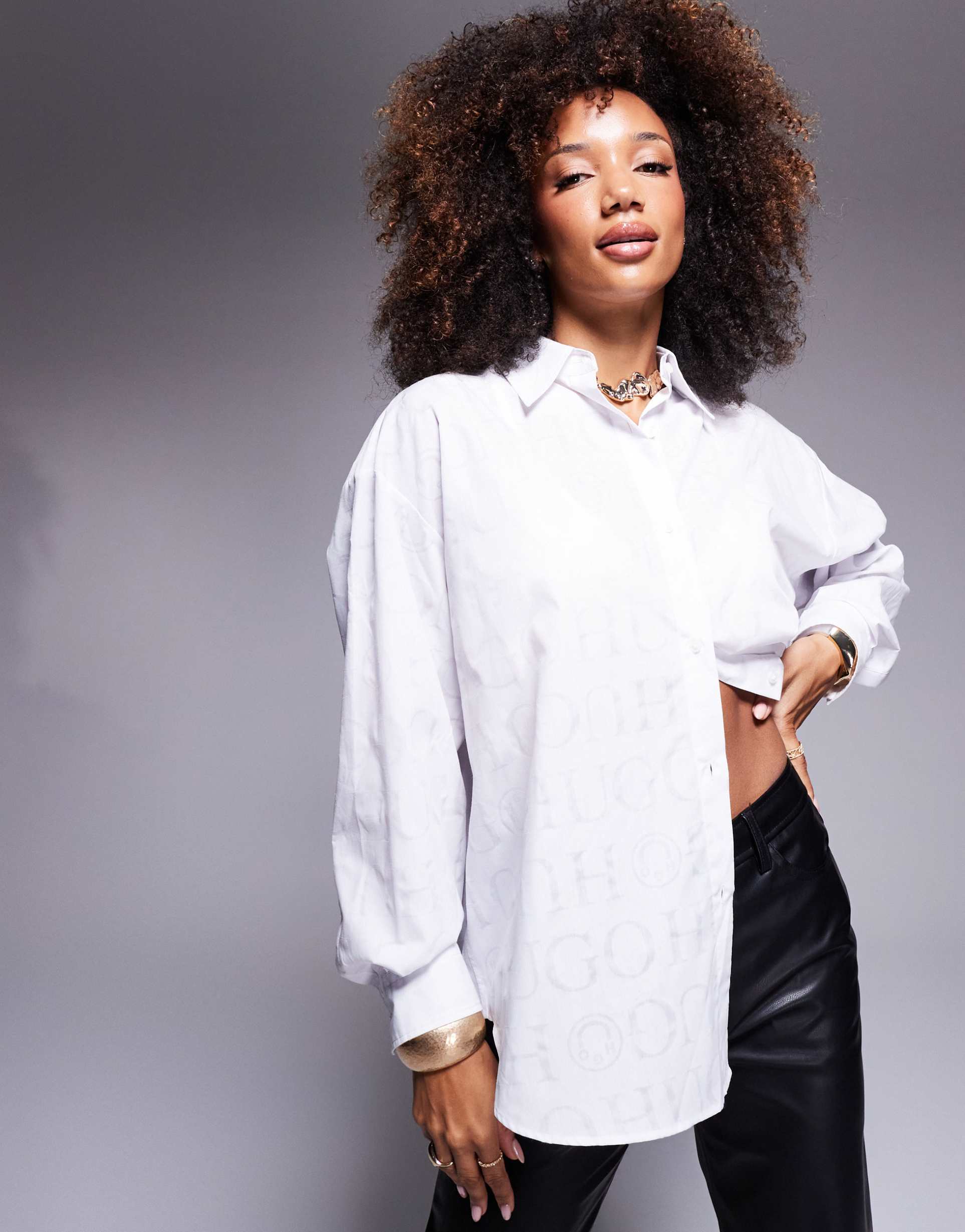 hugo blue semi sheer logo all over print shirt in white