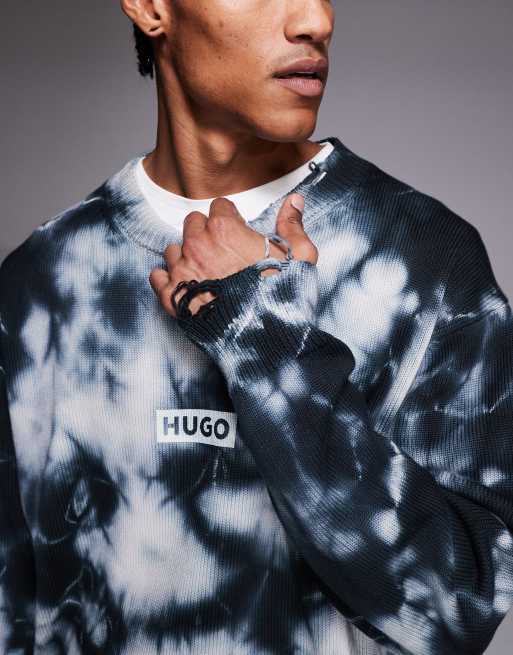 HUGO BLUE Sestroy distressed oversized cotton knitted jumper in black, 4 of 5
