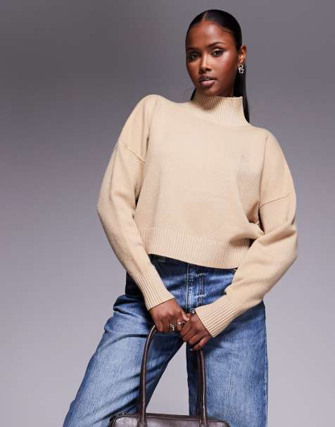 HUGO BLUE Sesty tonal logo high neck oversized fit knit jumper in open beige - view 1