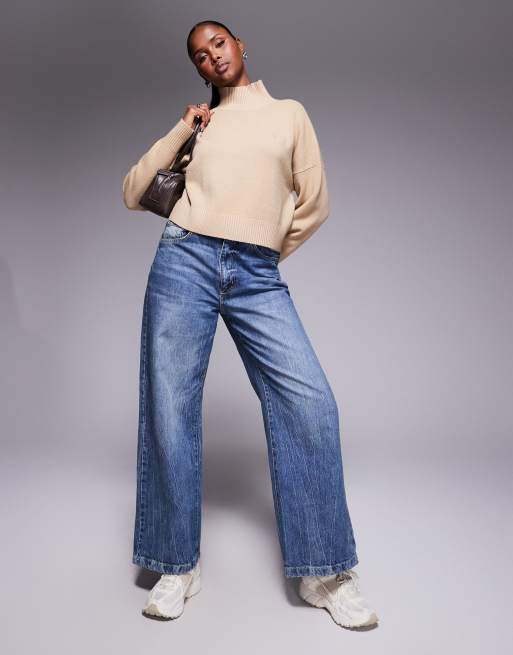HUGO BLUE Sesty tonal logo high neck oversized fit knit jumper in open beige, 2 of 4