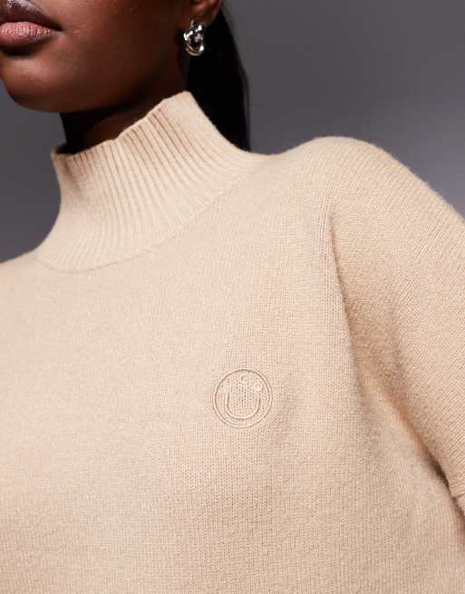 HUGO BLUE Sesty tonal logo high neck oversized fit knit jumper in open beige, 4 of 4