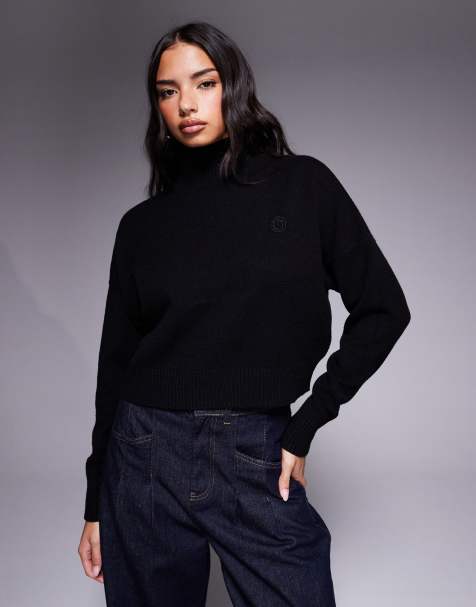HUGO BLUE Sesty tonal logo high neck oversized fit knit sweater in black - view 1