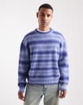 [Hugo Blue] HUGO BLUE Sfusi fuzzy stripe relaxed fit knit jumper in mid blue 2XL Mid Blue