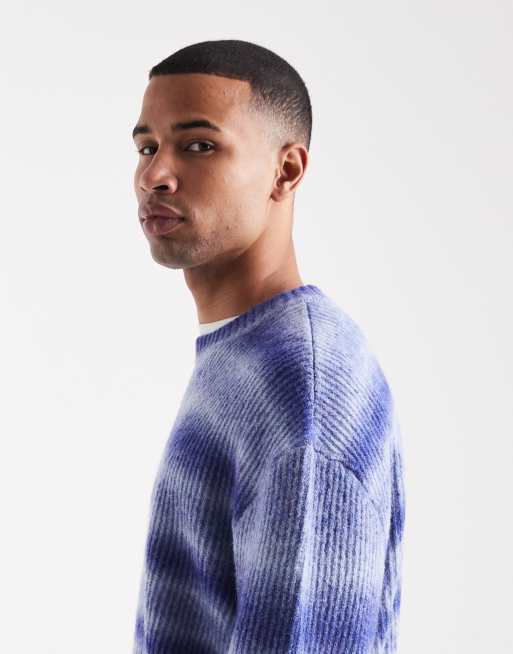 HUGO BLUE Sfusi fuzzy stripe relaxed fit knit jumper in mid blue, 4 of 5