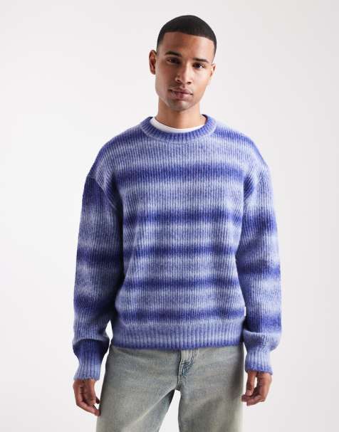 HUGO BLUE Sfusi fuzzy stripes relaxed fit knit sweater in mid blue - view 1
