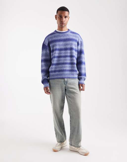 HUGO Blue - Sfusi - Maglione comodo blu medio lanuginoso a righe, 2 di 5