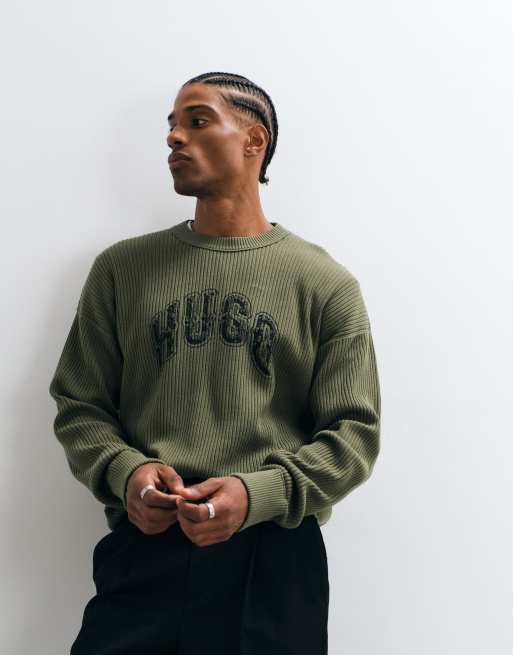 HUGO Blue Showdy chest script sweatshirt in green, 2 of 5