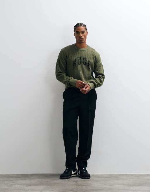 HUGO Blue Showdy chest script sweatshirt in green, 4 of 5