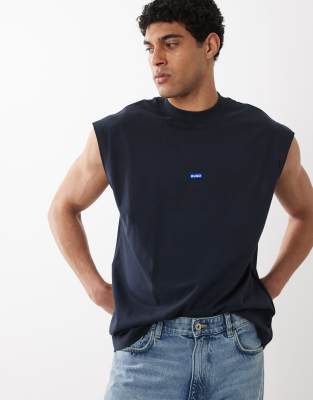 Hugo Blue Sleeveless Cotton T-shirt With Logo Detail In Multi