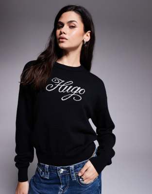 Hugo Blue Slogix Script Logo Knit Sweater In Black