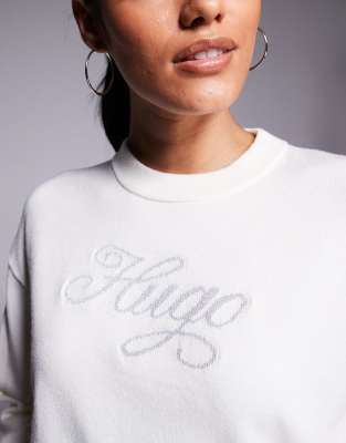 Hugo Blue Slogix Script Logo Knit Sweater In White