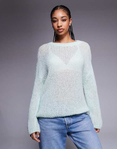 HUGO BLUE Slookina tonal logo marl rib knit jumper in light green - view 1