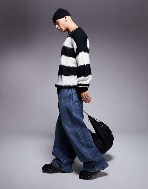 HUGO BLUE Somi oversized knitted striped jumper in black and white, 2 of 4