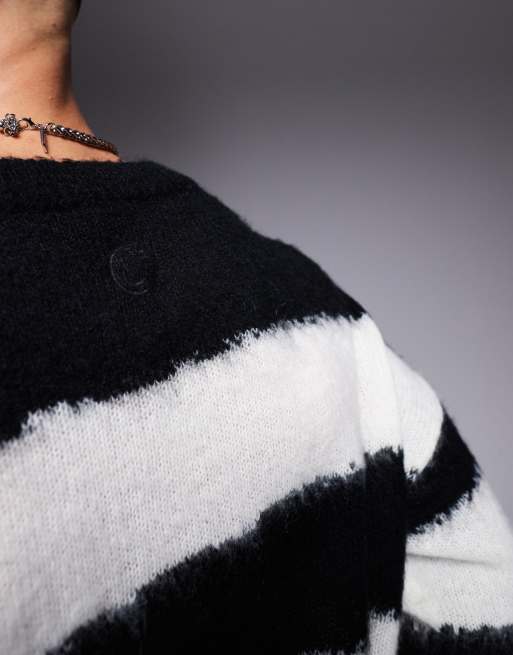 HUGO BLUE Somi oversized knitted striped jumper in black and white, 3 of 4