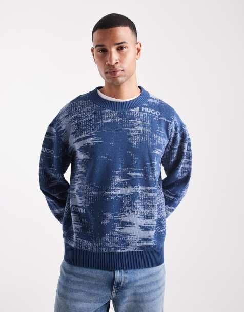 HUGO BLUE – Sorbas – Relaxed Fit Strickpullover in Marineblau mit meliertem Muster - view 1