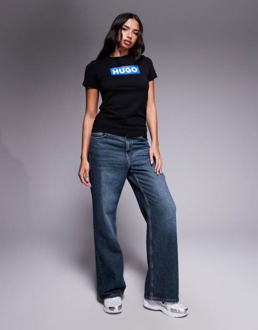 HUGO Blue - Sort T-shirt med klassisk firkantet logo i slim fit, 3 af 4