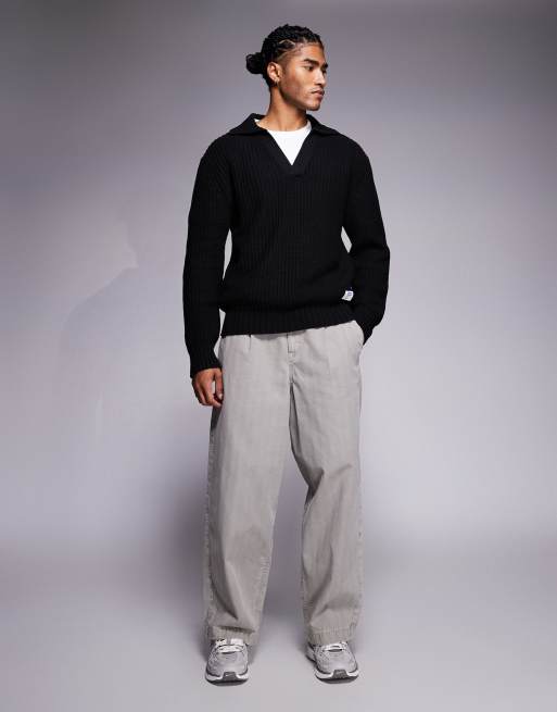 HUGO Blue - Spiro - Maglione comodo nero testurizzato con colletto aperto stile polo, 2 di 5