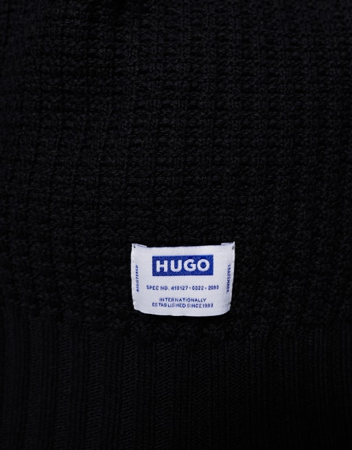HUGO Blue - Spiro - Maglione comodo nero testurizzato con colletto aperto stile polo, 5 di 5