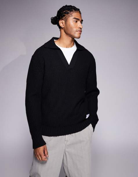 HUGO BLUE Spiro open polo collar relaxed fit textured knit jumper in black - view 1