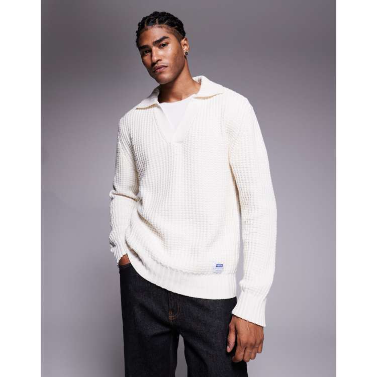 HUGO Blue Spiro open polo collar relaxed fit textured knit sweater