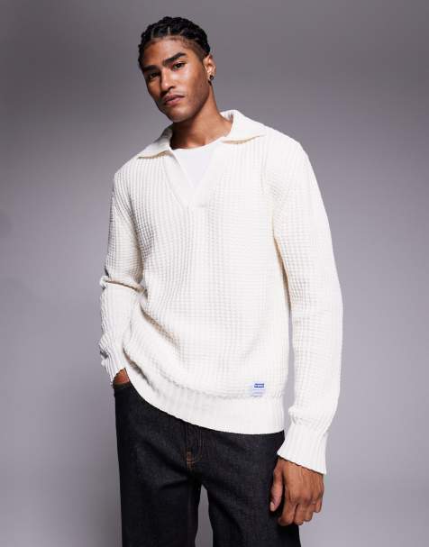 HUGO Blue - Spiro - Pull décontracté en maille texturée à col polo ouvert - Blanc cassé - view 1