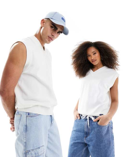 HUGO BLUE – Strick-Trägertop in Weiß mit Unisex-Schnitt
