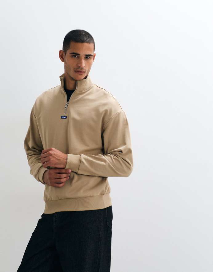 Hugo Blue Sudadera beige con media cremallera Neeler