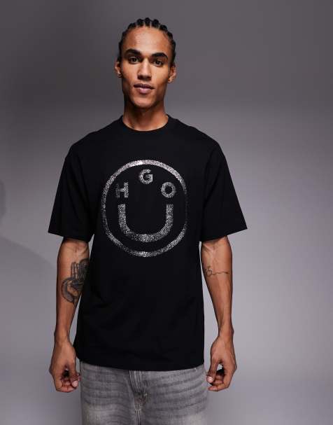 HUGO Blue – Svart t-shirt i oversized fit med glittrig gel-logga - view 1