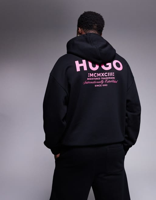 HUGO Blue - Sweat à capuche ample d'ensemble à logo rose - Noir, 2 de 4