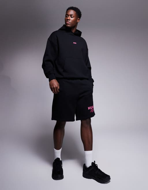 HUGO Blue - Sweat à capuche ample d'ensemble à logo rose - Noir, 4 de 4