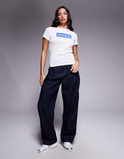 HUGO Blue - T-shirt bianca classica slim con riquadro del logo, 4 di 4