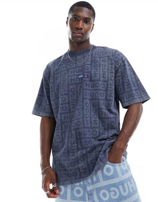 HUGO Blue - T-shirt décontracté à logo sur l'ensemble - Bleu délavé