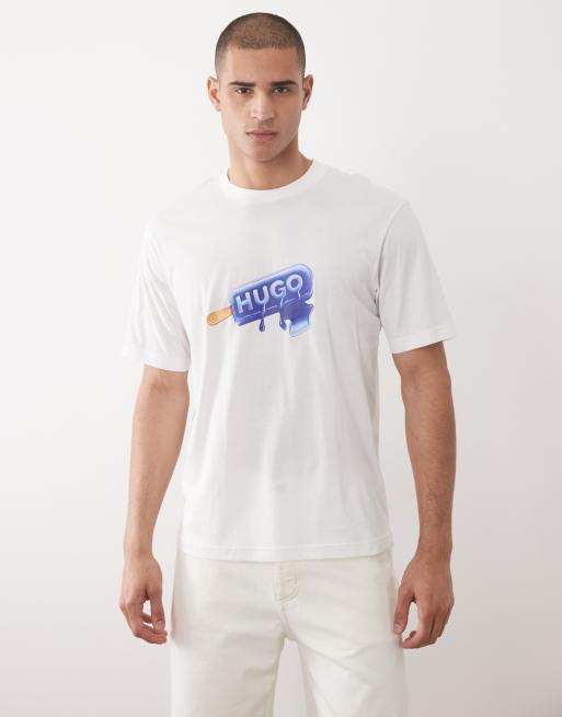 HUGO Blue - T-shirt met grafische print op de borst in wit, 3 van 5