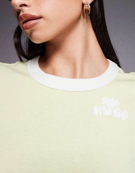 HUGO Blue - T-shirt mini gialla con logo e bordi a contrasto, 3 di 4