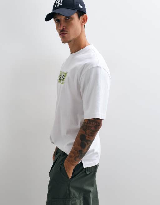 Hugo Blue t-shirt with embroidered floral logo print in white, 4 of 5