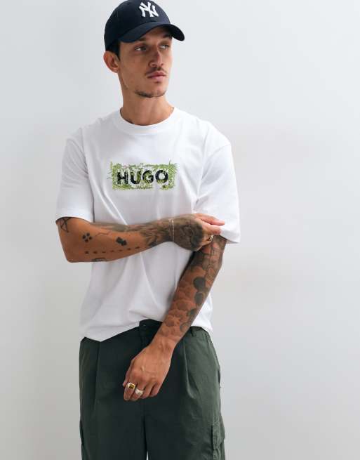 Hugo Blue t-shirt with embroidered floral logo print in white, 5 of 5